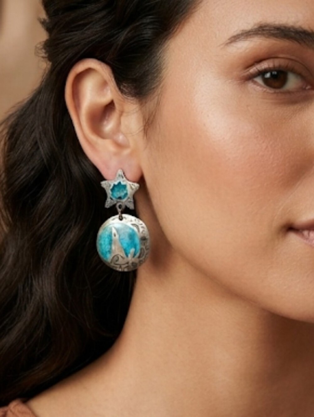Southwest Silvertone & Turquoise Enamel Post Earrings With Howling Wolf & Star